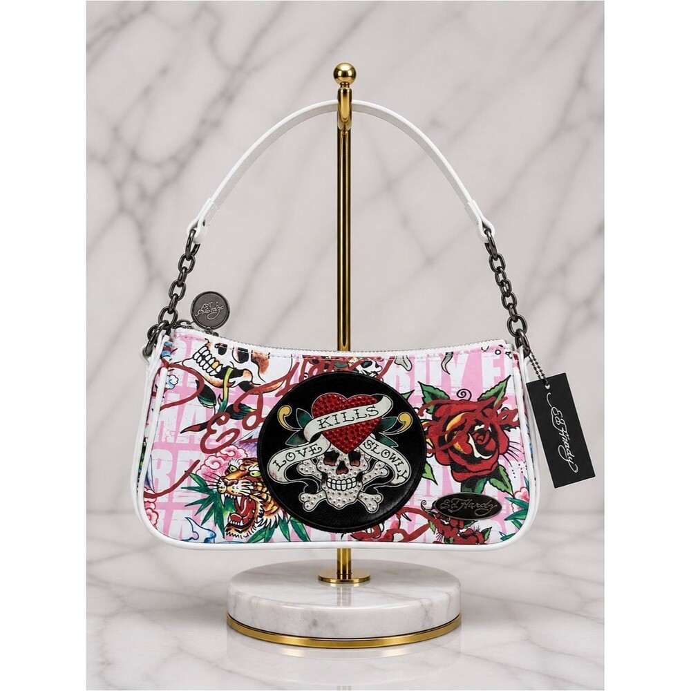 Ed Hardy Y2K Tattoo Print Shoulder Bag Pink White Skull Heart Chain Strap 10x5x2
